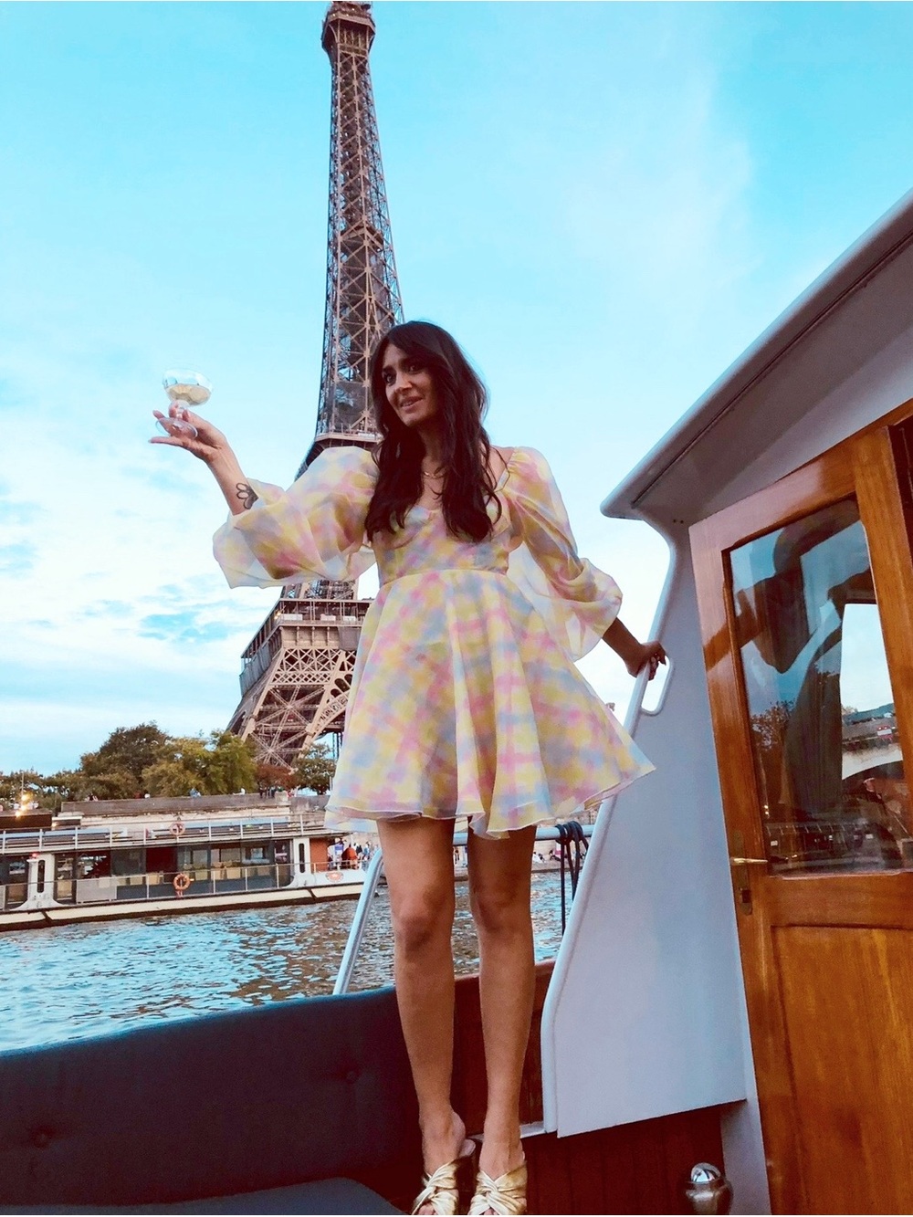 Selkie Pastel Check Puff-Sleeve Mini Dress in Yellow, Blue  & Pink Plaid print